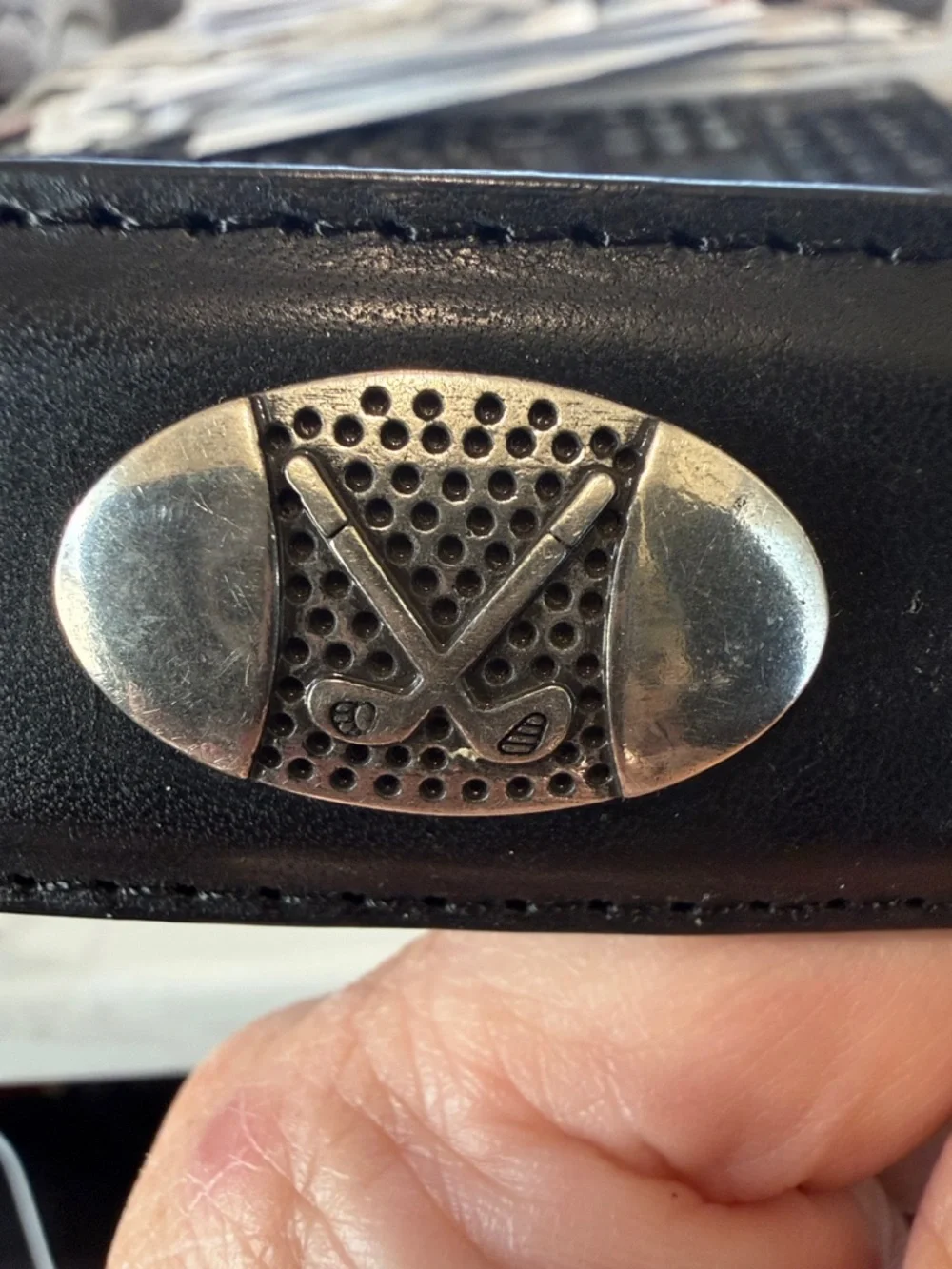 AML 3000 Leather Belt Top Grain Black Golf Club Belt Silver Buckle Accents 42‎